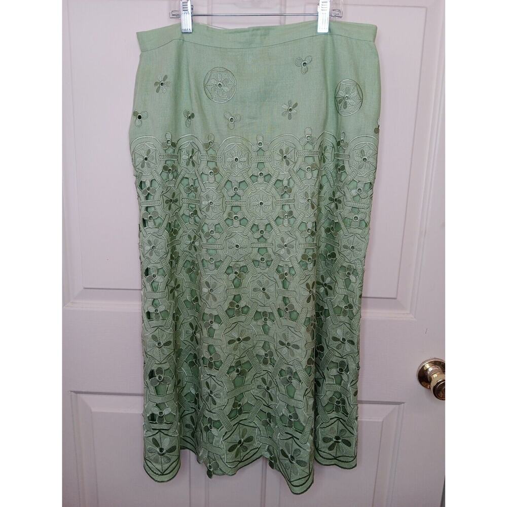 JSong Collection Women's 100% Linen Cutout Lace Midi A-Line Skirt Size 10 Green